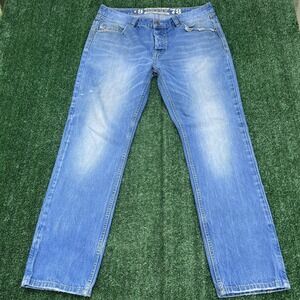 Diesel Jeans Mens 37x31" Blue Straight Leg Italy Button Fly Designer Selvedge